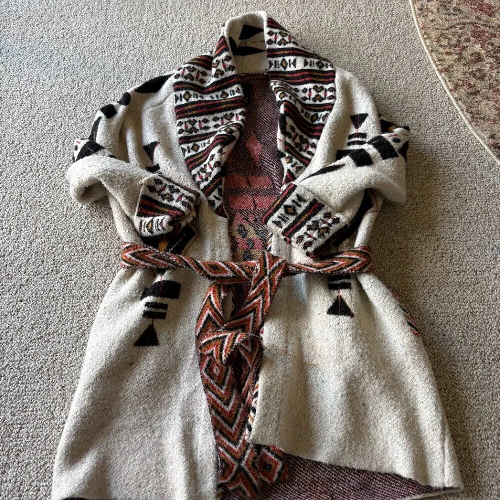 Zara Knitwear Aztec Belted Cardigan Sweater S | Southwestern Boho Cozy - Picture 2 of 9